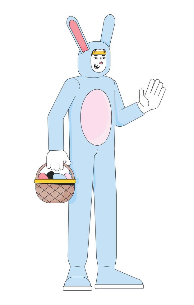 Koreaans Mens in Pasen konijn kostuum 2d lineair tekenfilm karakter. grappig dier pak vent geïsoleerd lijn vector persoon wit achtergrond. konijn mascotte Holding mand kleur vlak plek illustratie