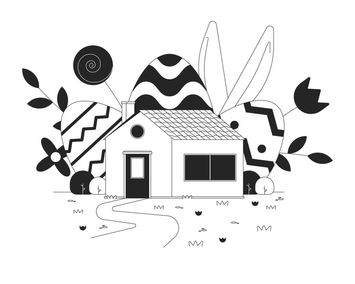 huis Pasen viering zwart en wit 2d illustratie concept. Pasen vakantie Bij huis tekenfilm schets tafereel geïsoleerd Aan wit. konijn oostertide eieren lente metafoor monochroom vector kunst