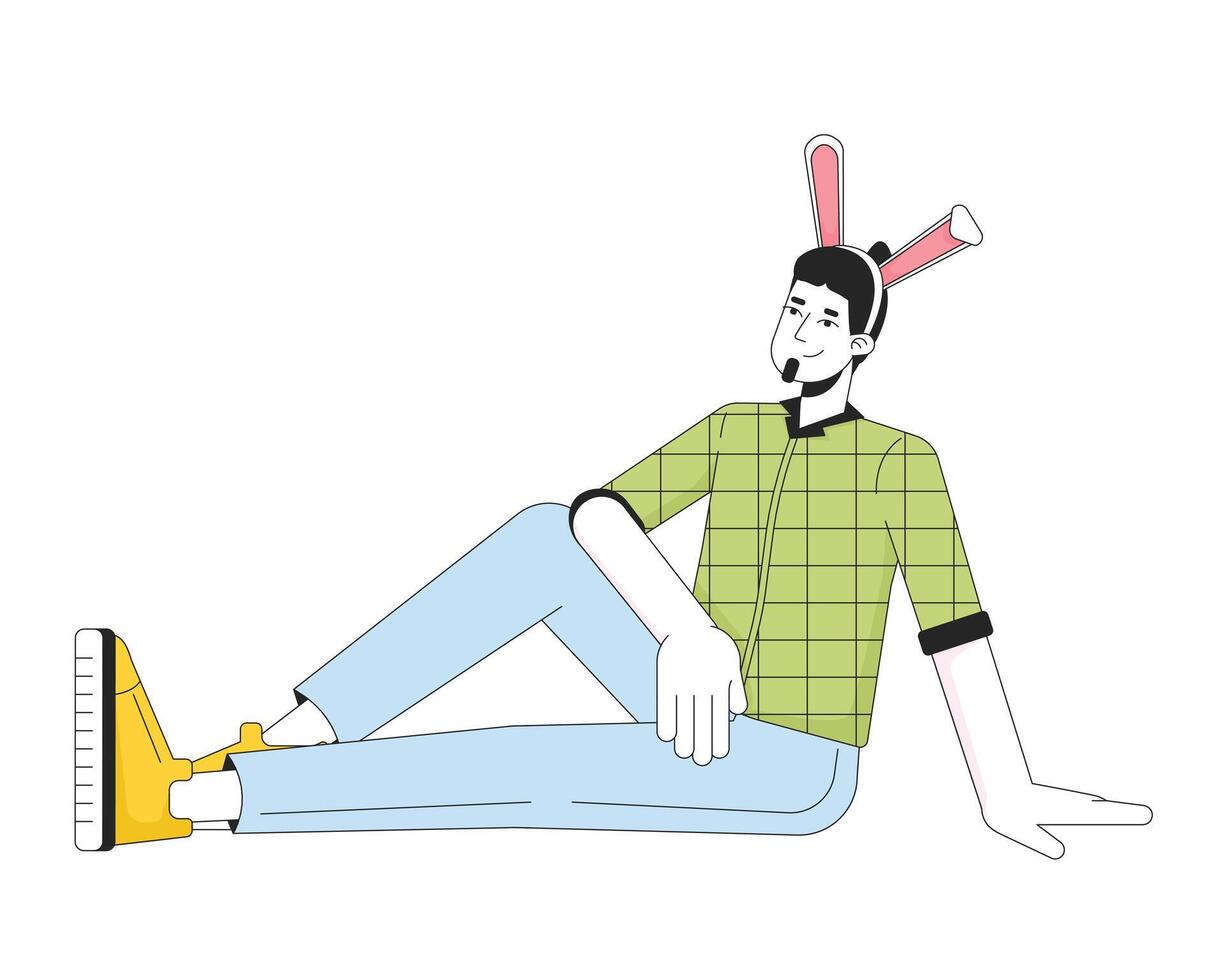 ontspannen Kaukasisch Mens met konijn oren 2d lineair tekenfilm karakter. Europese vent Pasen konijn oren geïsoleerd lijn vector persoon wit achtergrond. Pasen viering kleur vlak plek illustratie