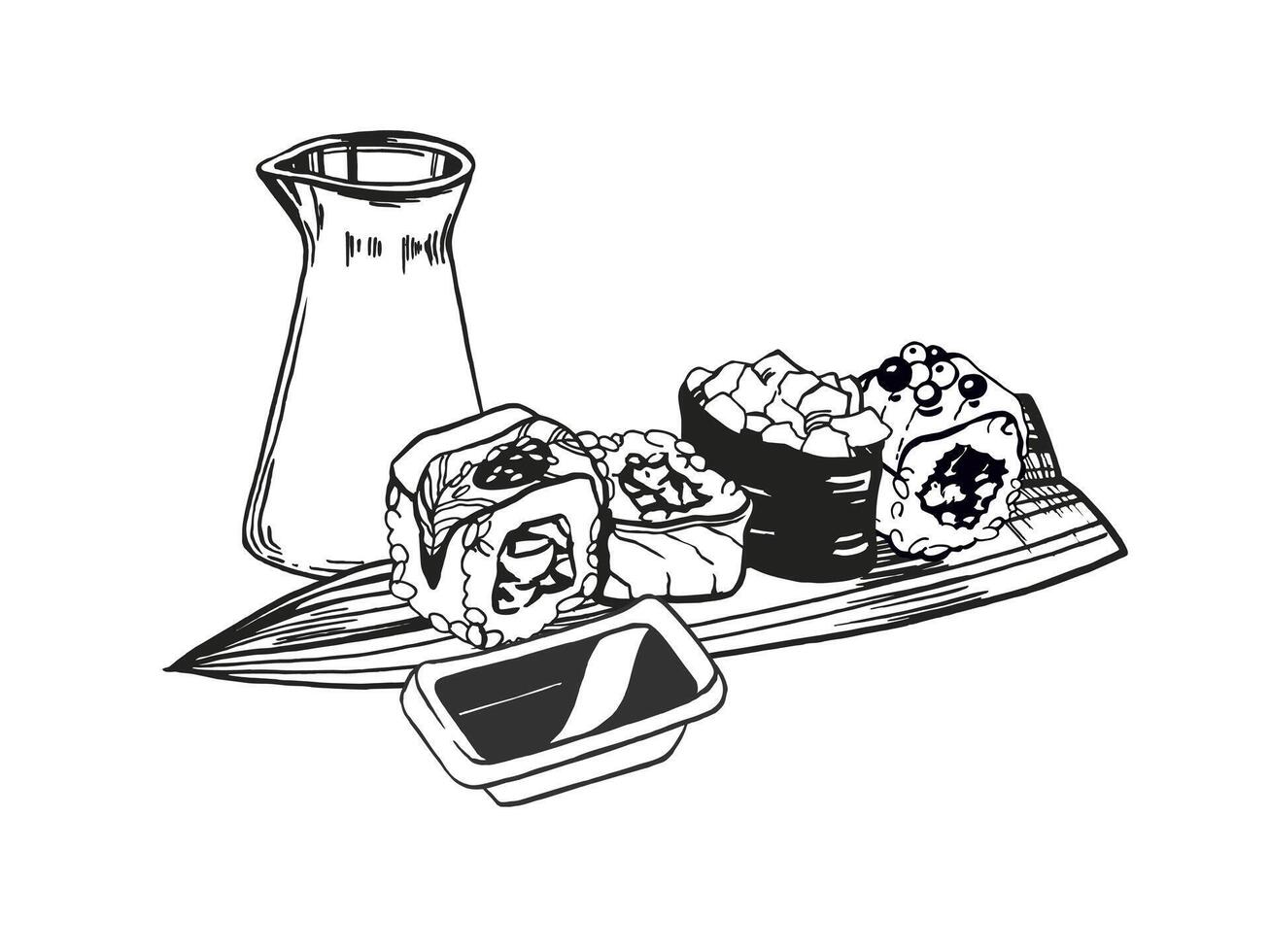 vector illustratie van Japans voedsel thema met broodjes, sushi, sashimi, soja saus en bamboe bladeren, hand- getrokken geïnkt monochroom schetsen van zeevruchten geïsoleerd Aan wit achtergrond
