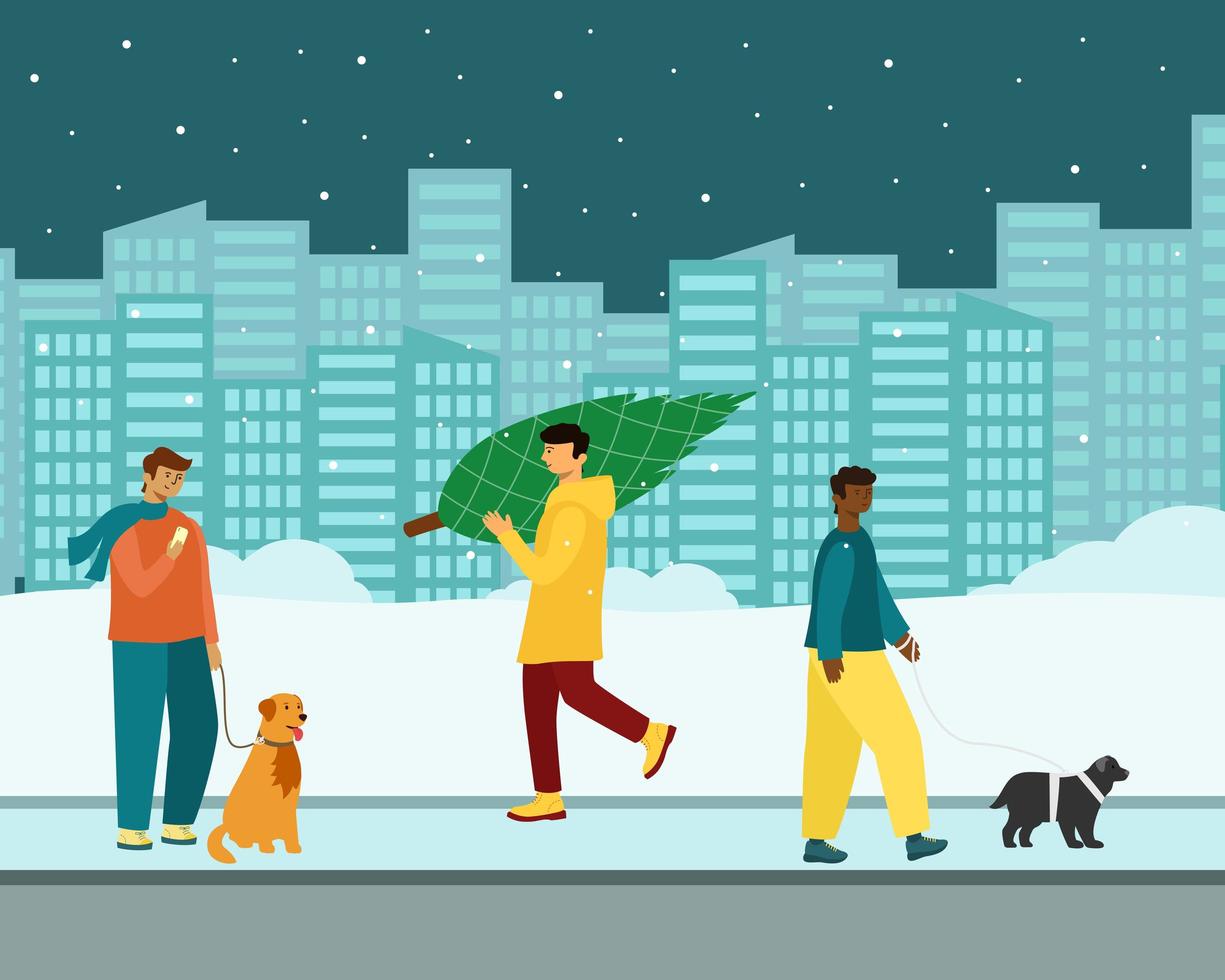 mensen met huisdieren lopen in de winter naar buiten vector