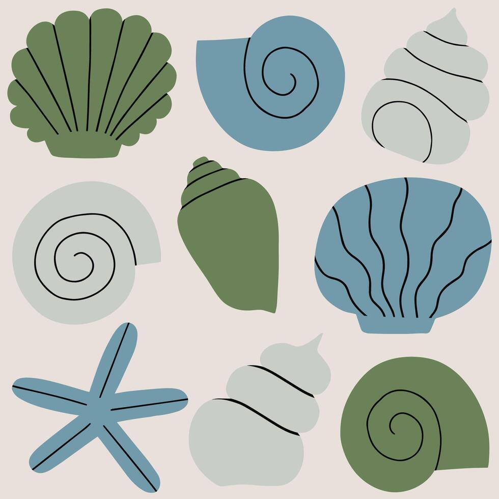 schattig en gemakkelijk vector patroon met verschillend zee schelpen in een rij. hand- getrokken naadloos structuur met exotisch oceaan schelpen. mooi marinier achtergrond