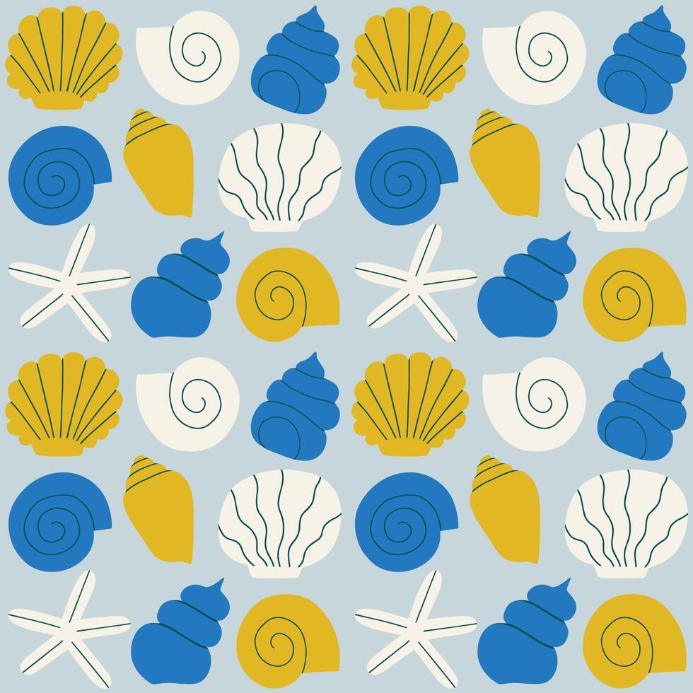 schattig en gemakkelijk vector patroon met verschillend zee schelpen in een rij. hand- getrokken naadloos structuur met exotisch oceaan schelpen. mooi marinier achtergrond