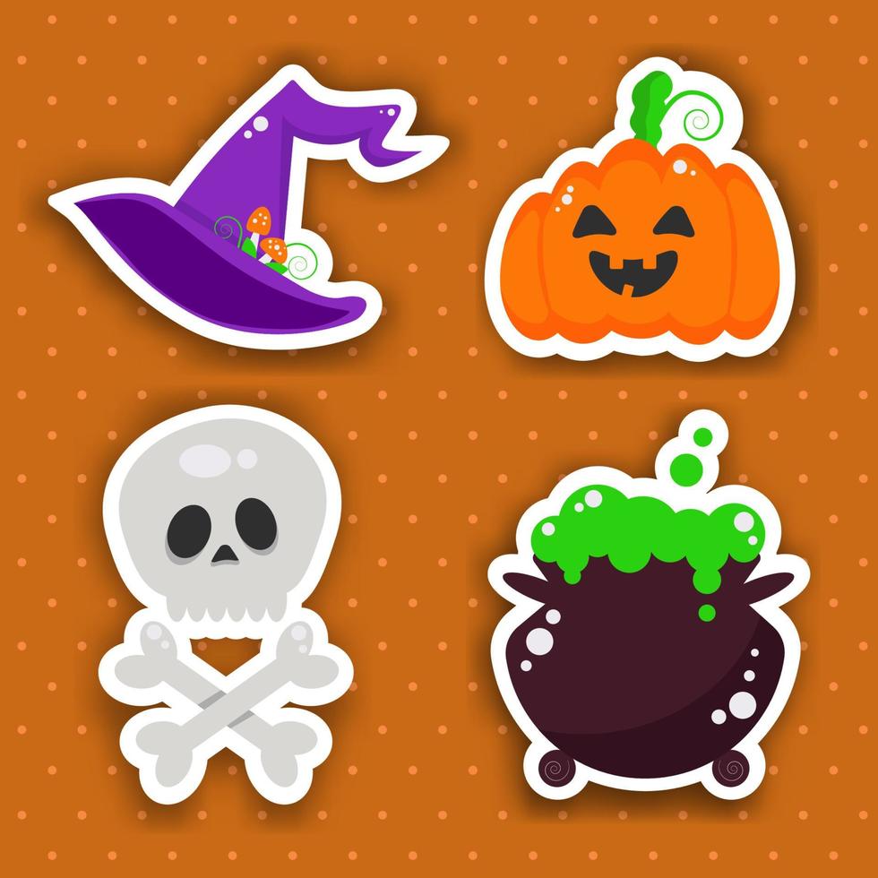 set cartoon halloween-stickers. pompoen, schedel met gekruiste botten, toverdrankketel en heksenhoed. vector illustratie