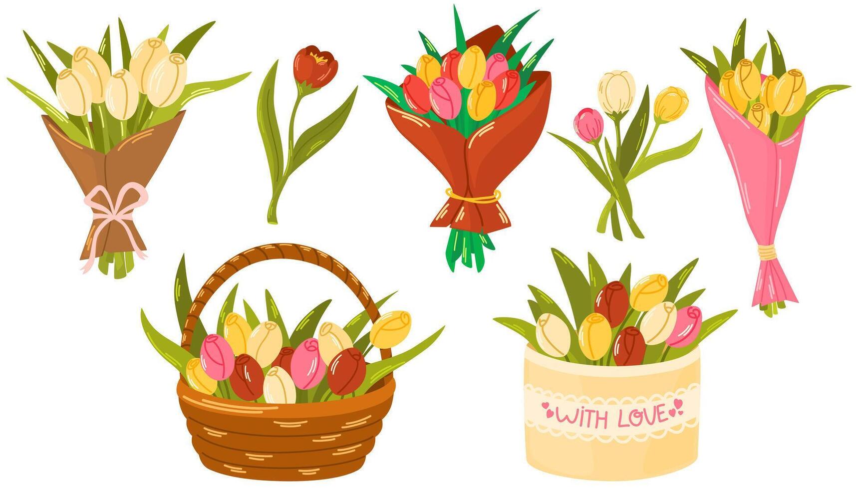 boeketten van tulpen set. divers bloemen in omhulsel papier. bloemen ontwerp Sjablonen voor vrouwen en moeder dag. vlak vector illustratie