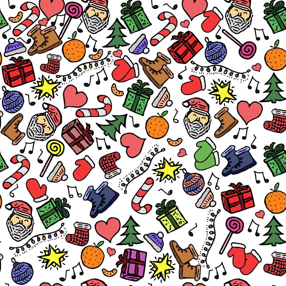 naadloos nieuwjaarspatroon. vector patroon met doodle Nieuwjaar en kerst icons.colored afbeelding met santa, geschenkdoos, kerstboom, snoep, hoed, sinaasappel, sterren geïsoleerd op een witte achtergrond