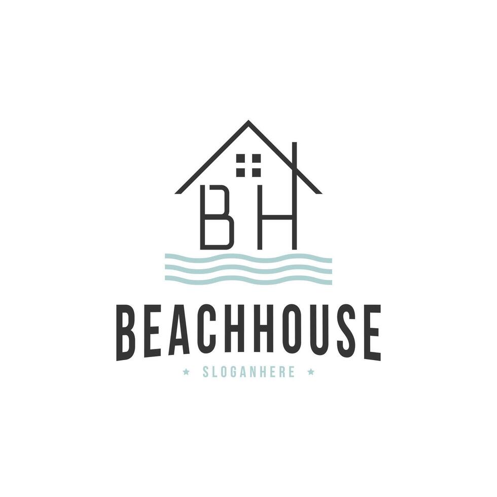 strand huis logo ontwerp wijnoogst retro met eerste brief bh vector