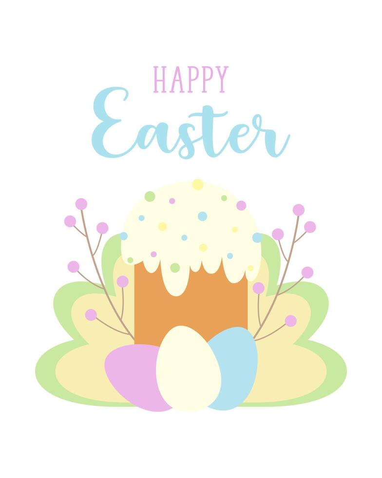 gelukkig Pasen viering kaart met versierd taart en pastel eieren illustratie. opschrift en botanisch decor. vector