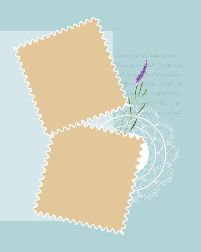 wijnoogst collage blanco voor herinneringen , foto boek, waterverf lavendel met kant en tekst Lorem ipsum Aan pastel blauw achtergrond. vector