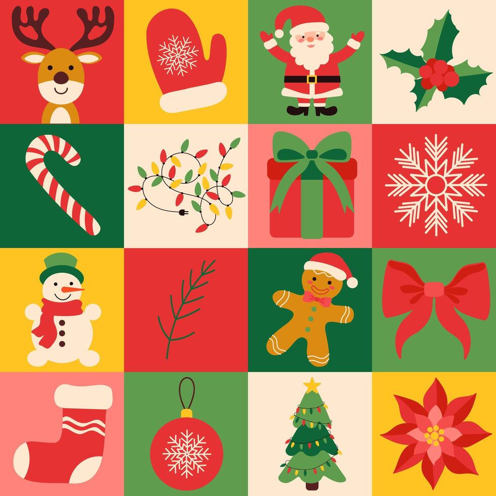 Kerstmis meetkundig patroon met Kerstmis icoon elementen. bauhaus stijl. vector vlak ontwerp voor poster kaart, poster, banier, verpakking. vrolijk Kerstmis en gelukkig nieuw jaar achtergrond.