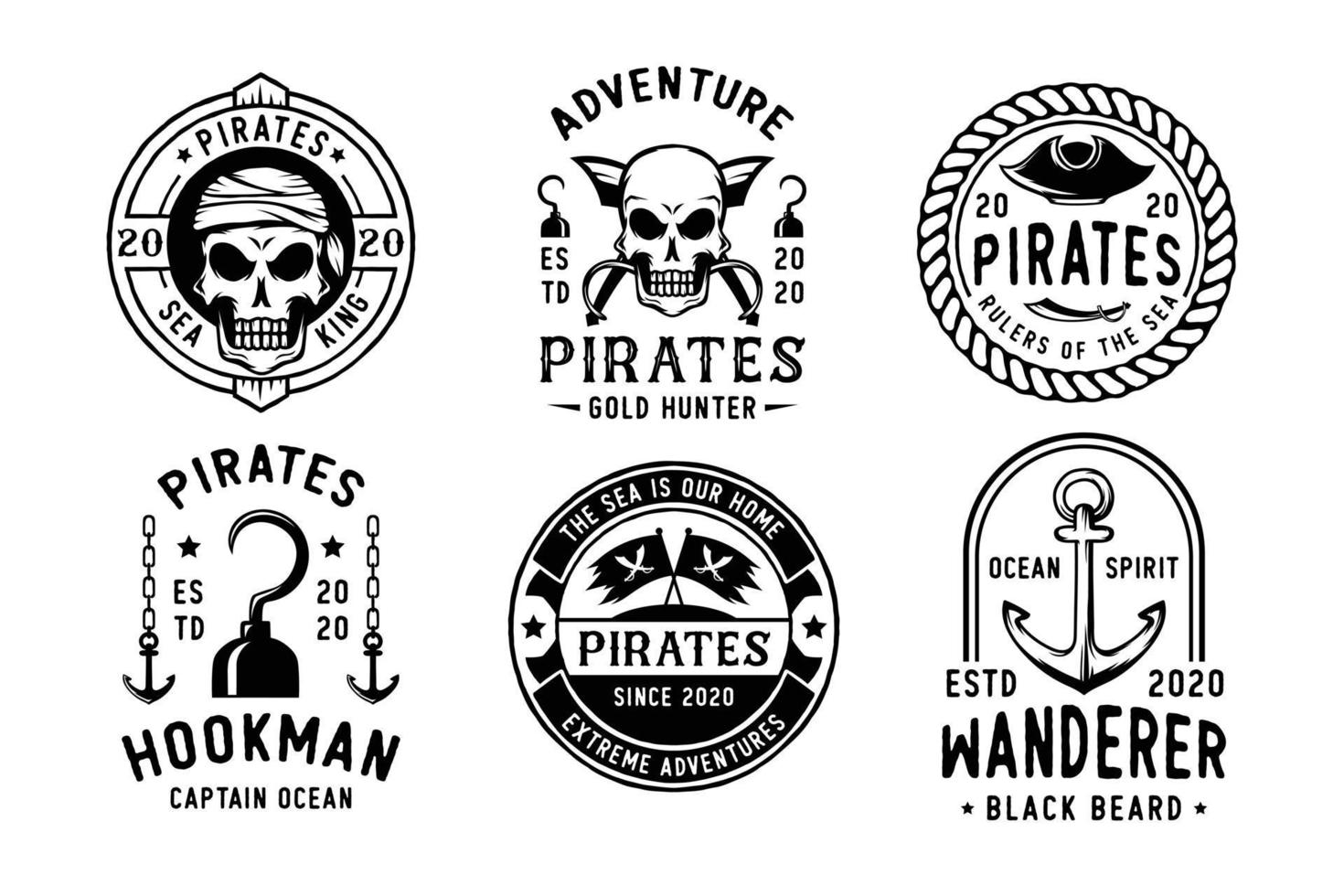 set vintage piraten ontworpen embleem, labels, logo en ontworpen elementen vector