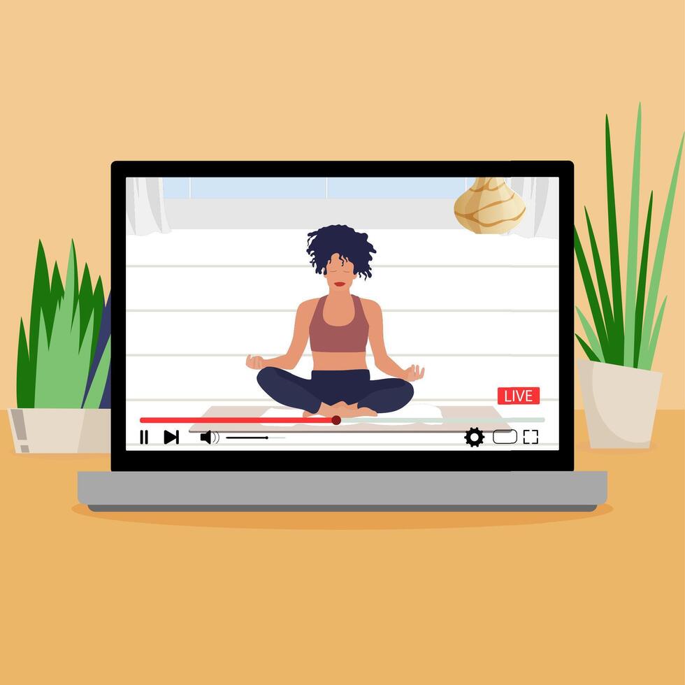 yoga les online, leven stroom meditatie. vector yoga sport fitheid, training houding, illustratie opleiding internetten, oefening naar Gezondheid