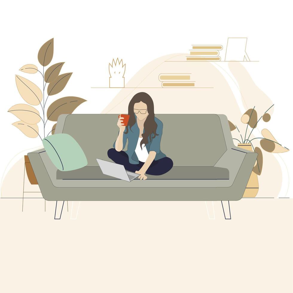 vrouw freelancer afgelegen werken van huis. vergrendeling isolatie. vrouw zittend Aan sofa en communicatie gebruik laptop, freelance werk illustratie vector