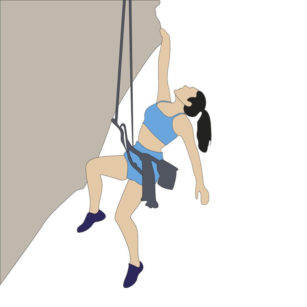 vrouw hangen Aan rots klif, extreem solo cimmen. klimmer Gaan naar omhoog naar berg, riskant bereiken, vector vrouw bergbeklimmer illustratie