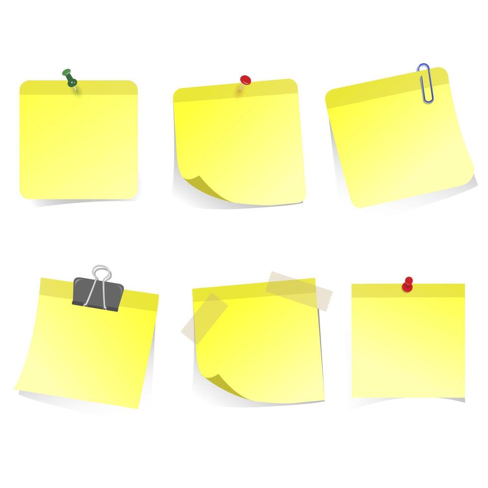 geel stickers gelijmd klem pin en Scotch. pin sticker kantoor, blanco leeg geïsoleerd, geel bladzijde kladblok voor onthouden en Notitie papier. vector illustratie