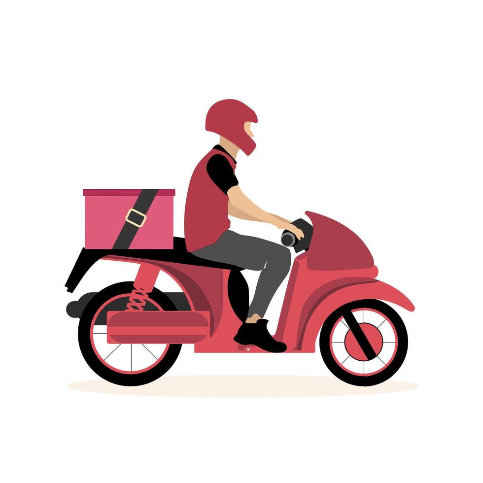 scooter koerier tekenfilm geïsoleerd Aan wit achtergrond. vector scooter levering, snel onderhoud door bromfiets, voedsel koerier met doos voor pizza illustratie