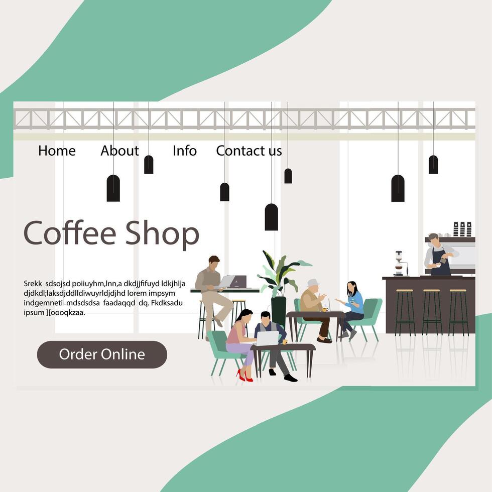 koffie winkel landen bladzijde, cafetaria interieur met klanten gesprek en samenwerken. koffiehuis interieur, gemeenschap coworking ruimte, kantine Startpagina. vector illustratie