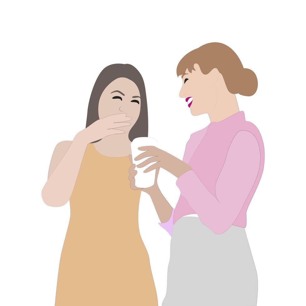 vrouw communicatie , meisjes koffie breken in kantoor. bedrijf breken mensen Bij werk, vrouw arbeider hangen uit en roddelen, vector illustratie