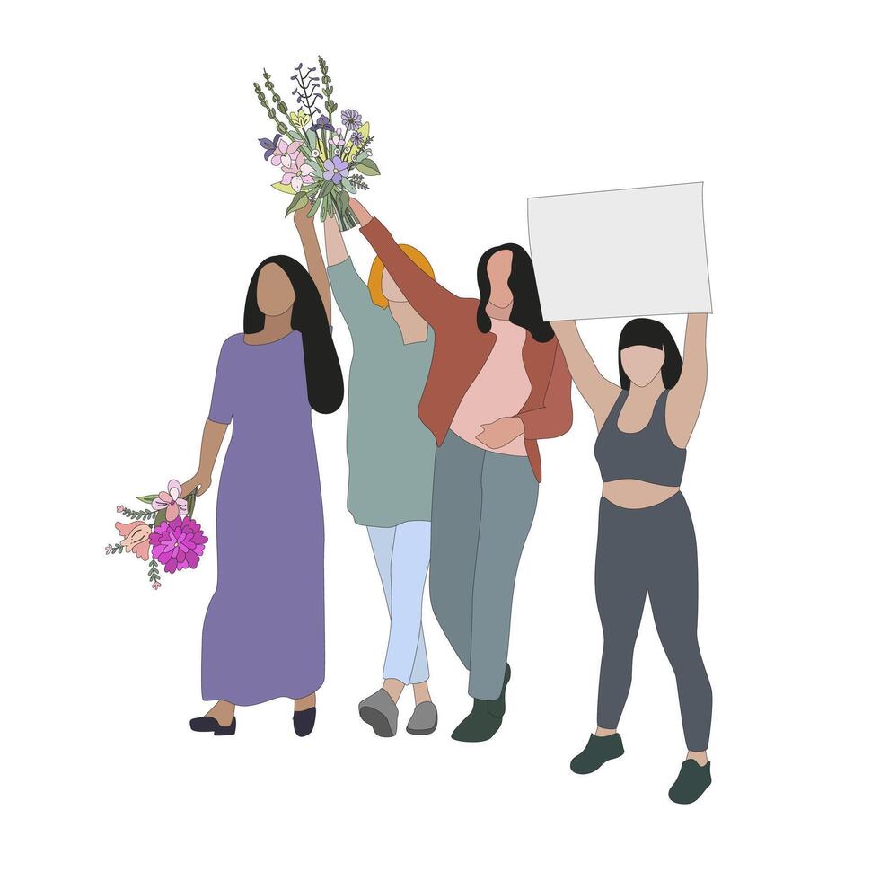 Dames groep met bloemen en plakkaten, worstelen voor vrede en vrouw rechten. vrouw menigte met banier, geslacht team tekenfilm, dame beweging zusterschap illustratie vector