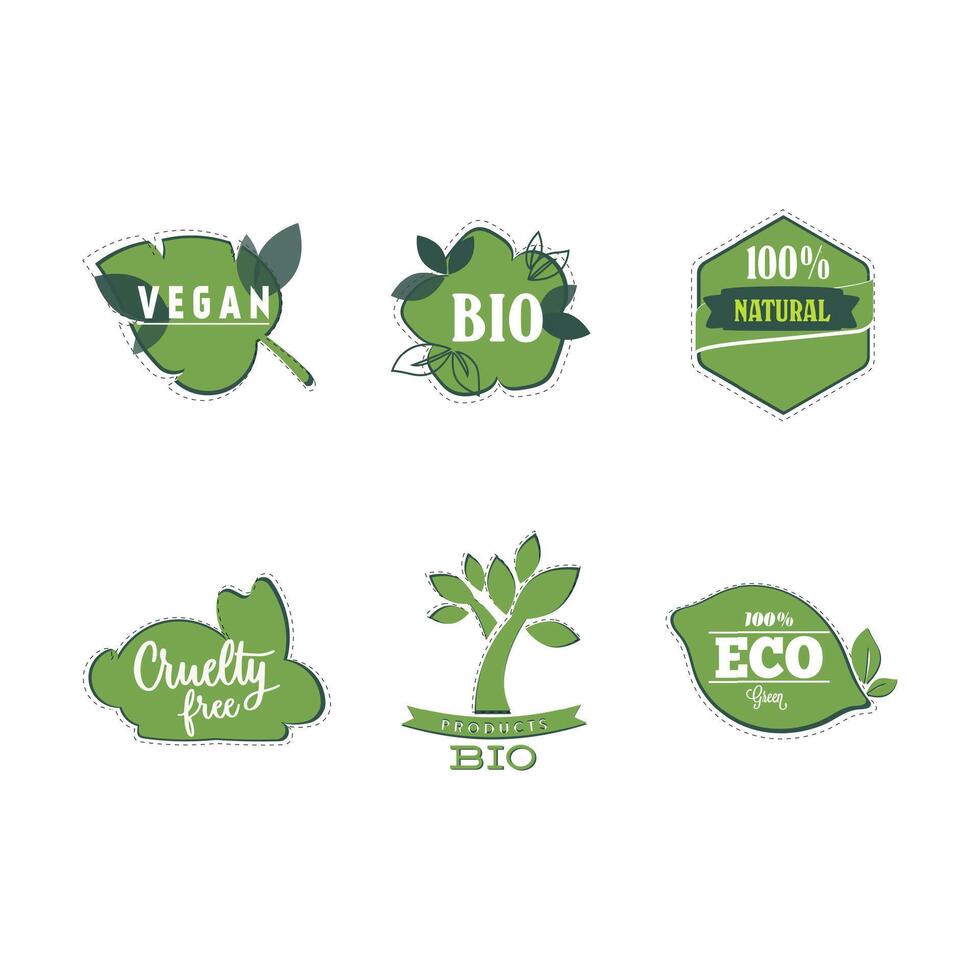 bio en veganistisch stickers, natuurlijk Product etiket voor Mark nuttig voedsel. vector wreedheid vrij en bio label, eco natuurlijk plakken illustratie