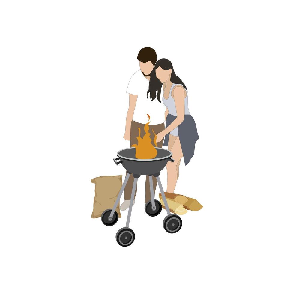 paar koken bbq grill, barbecue partij vector. lief Mens en vrouw knuffelen en kijk maar door kampvuur. voorbereidingen treffen bbq terwijl buitenshuis feest. vector illustratie