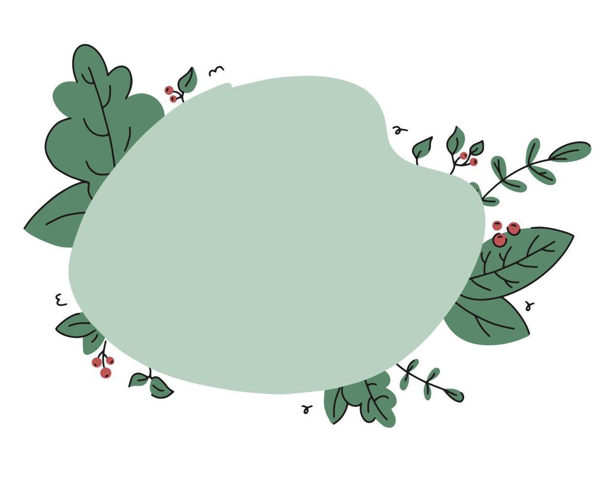 groen frame en sjabloon voor tekst met bladeren en bloemen in doodle stijl. vector