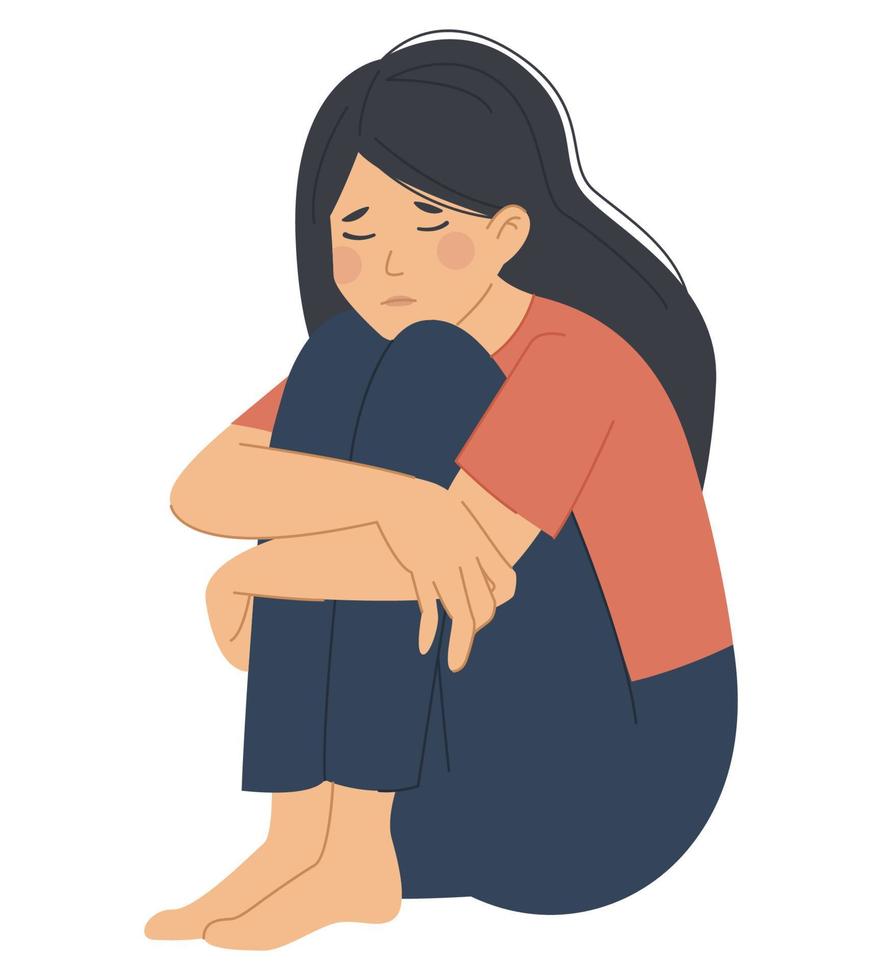 trieste depressieve vrouw zittend op de vloer en haar knieën knuffelend, platte vectorillustratie vector