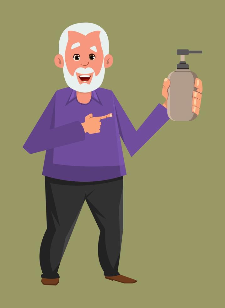 oude man die een fles met alcoholgel toont. covid-19 of coronavirus concept illustratie. oud karakterontwerp in vlakke stijl voor uw ontwerp, beweging of animatie. vector