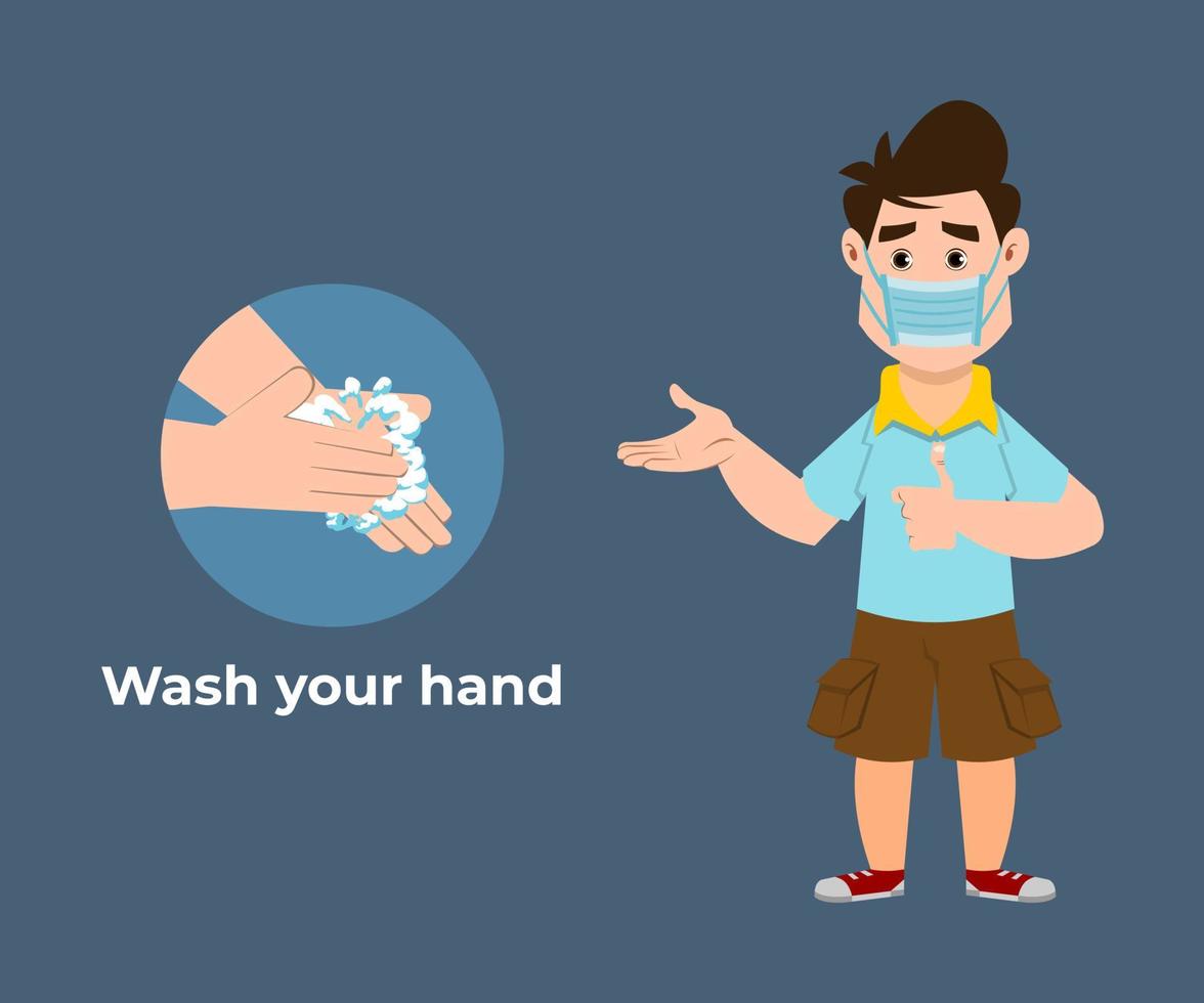 schattige jongen raadt aan om het virus te voorkomen door je handen te wassen met handdesinfecterend middel vector