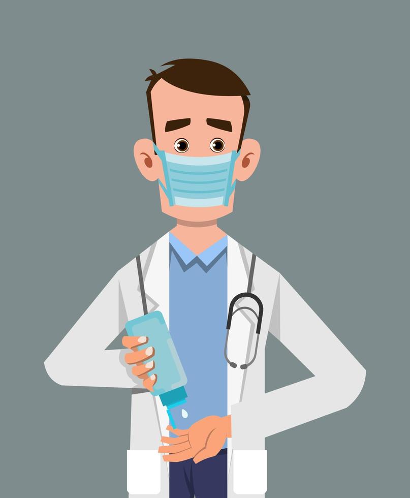 dokter draagt een masker en ontsmet handen met ontsmettingsgel vector