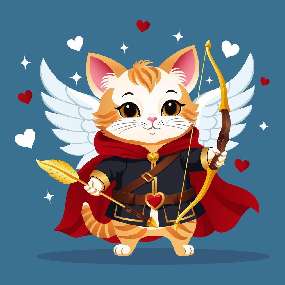 een tekenfilm kat met Vleugels en een boog en pijl. romantisch katje Cupido met Vleugels, gouden boog en pijlen voor valentijnsdag dag. valentijnsdag kaart met schattig dieren in tekenfilm stijl. vector illustratie.