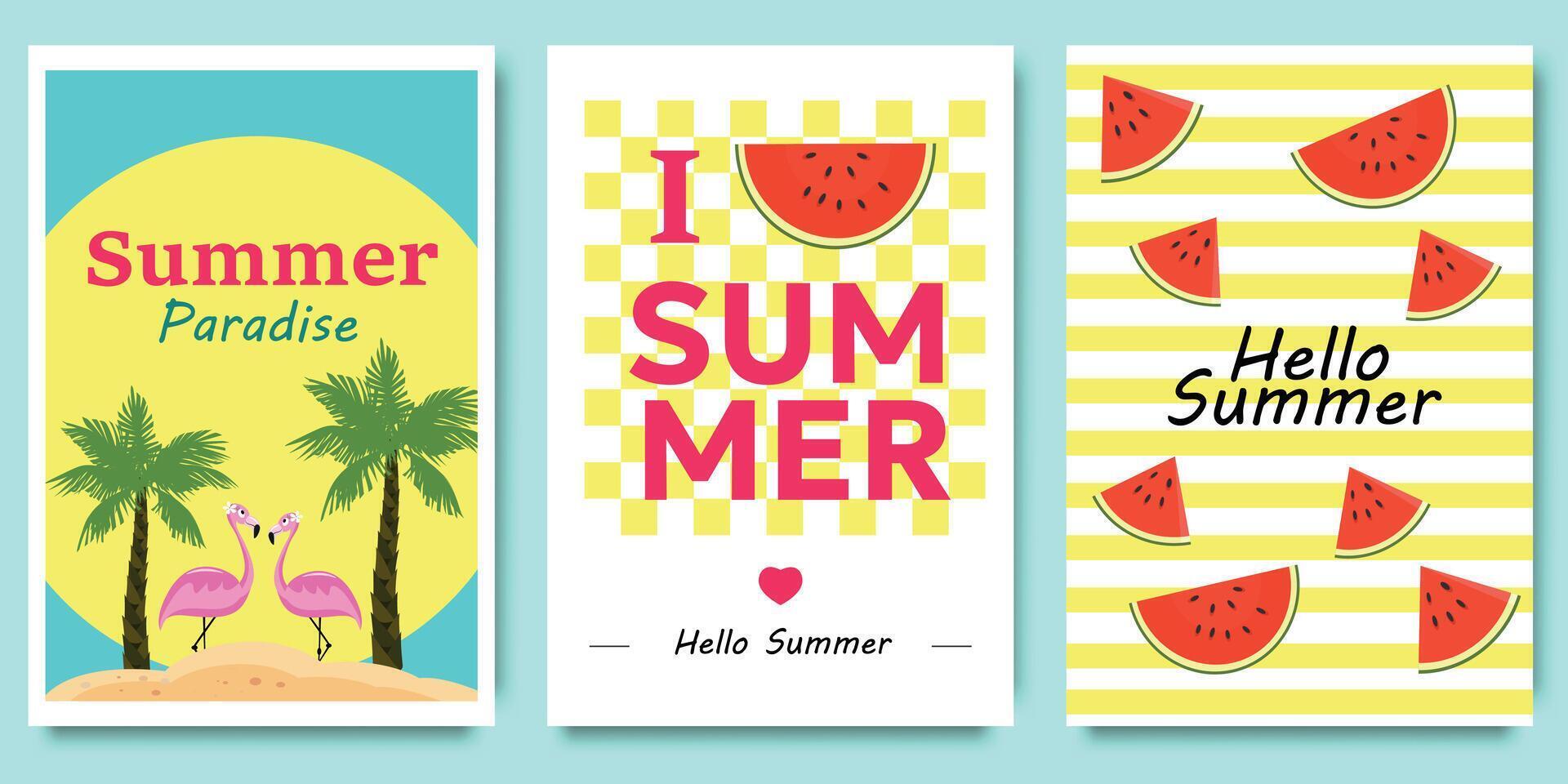 zomer tijd posters set. zomer groet tekst verzameling met drijvers, hoed en fruit element voor kleurrijk tropisch seizoen vakantie decoratie. Hallo vakantie of vakantie banier vector set.