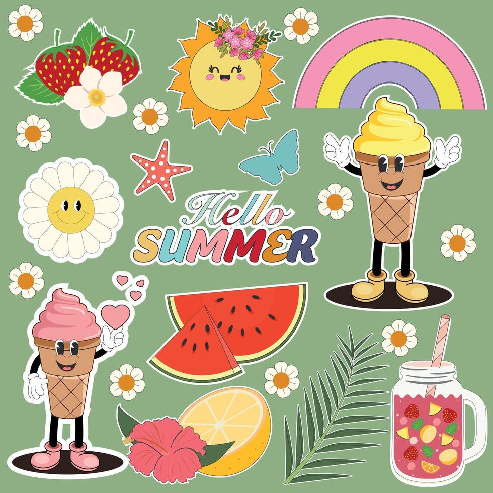 zomer, stickers set. vector tekenfilm stickerpakket groovy stijl. grappig psychedelisch modieus Jaren 60 elementen vlak vector symbolen illustratie set. retro hippie badges verzameling