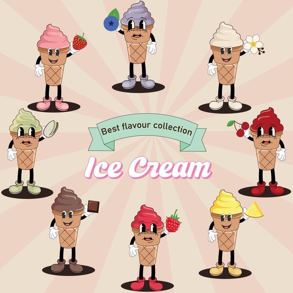 een reeks van ijs crèmes in een ijshoorntje met populair smaken. mascotte karakter illustratie van ijs room. grappig toetje mascotte in retro stijl voor café. nostalgie jaren 70, jaren 80. reeks van wijnoogst tekenfilm ijs room. vector