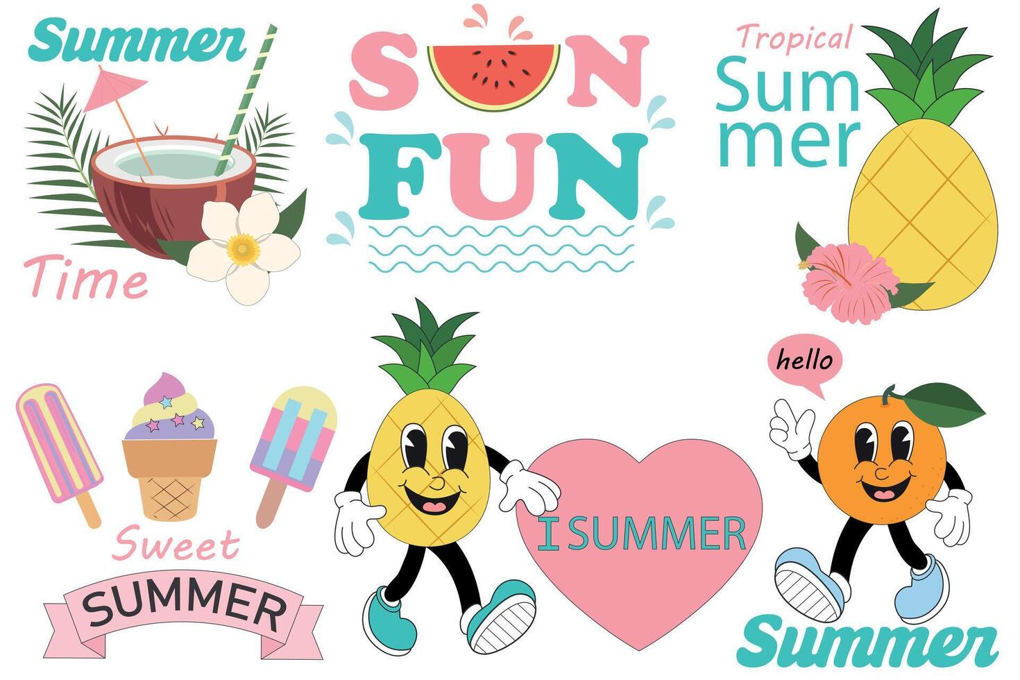 reeks van schattig zomer hand- getrokken etiketten, logo's, tags en elementen voor vakantie, reis, strand vakantie met positief citaten. voor web, kaart, poster, omslag, label, uitnodiging, sticker. vector illustratie