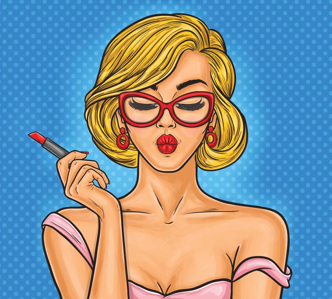 popart vectorillustratie vrouw schildert haar lippen. vector