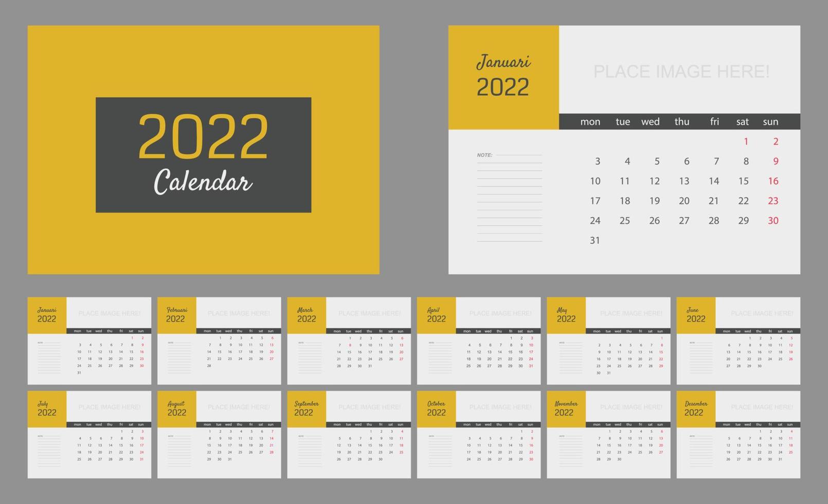 2022 kalendersjabloon ingesteld voor corporate. gele bureaukalender planner start vanaf maandag vector