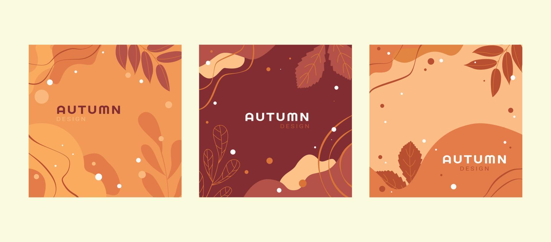 een set platte herfst ansichtkaarten met gebladerte in warme kleuren. vectorillustratie. vector