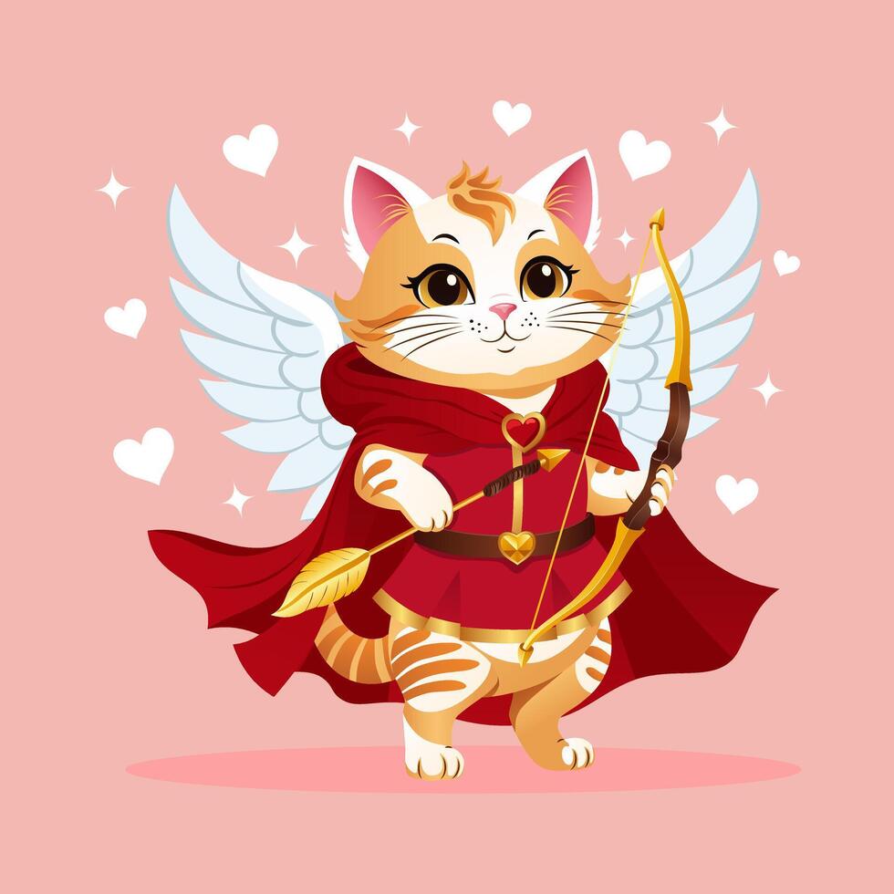 schattig kat krijger boogschutter in een rood mantel, roze jurk met een gouden boog en pijl. gaming anime karakter. vector illustratie.