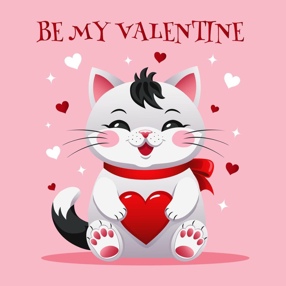 groet kaart met een kat en een hart voor valentijnsdag dag. Valentijn kaart met schattig dieren in tekenfilm stijl. vector illustratie.