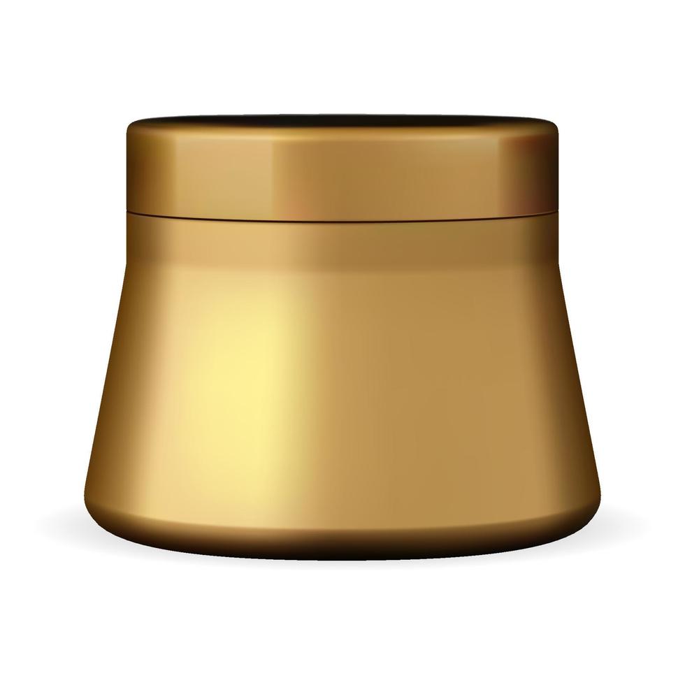 crème pot. gouden plastic schoonheidscontainer, poederdoos. gezichtsverzorging scrub ronde pot. glanzend gouden busmodel, make-upsjabloon voor gezichtsblush, verpakking van huidverzorgingsproducten vector