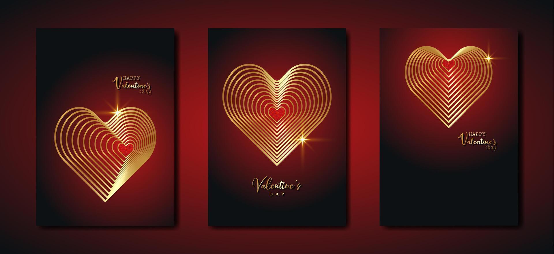 gelukkig valentijnsdag dag vector reeks groet kaart. goud harten Aan donker rood achtergrond. vakantie poster met goud tekst, juwelen. concept voor Valentijn banier, folder, partij uitnodiging, sieraden geschenk winkel