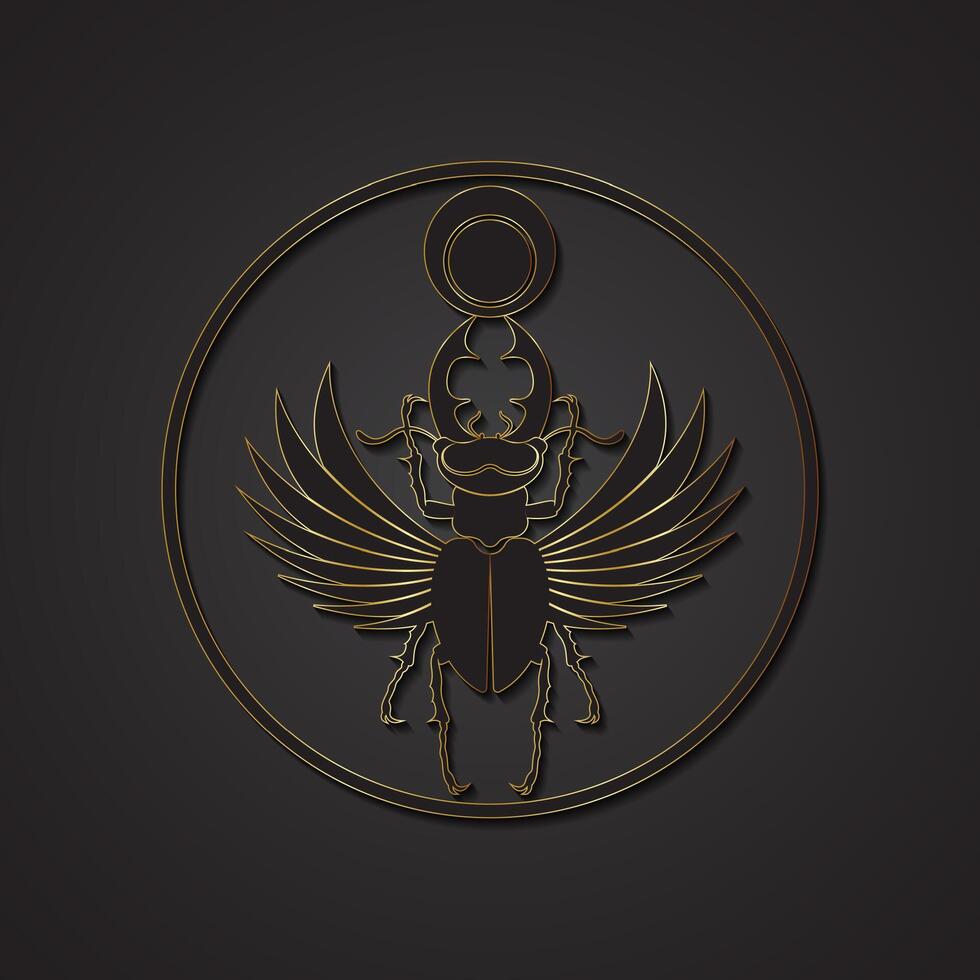 Egyptische heilig scarabee hert kever hoorns met Vleugels. zwart logo, goud silhouet. vector insect geïsoleerd Aan een zwart achtergrond. symbool van de oude Egyptenaren van de god van de zon in cirkel vorm