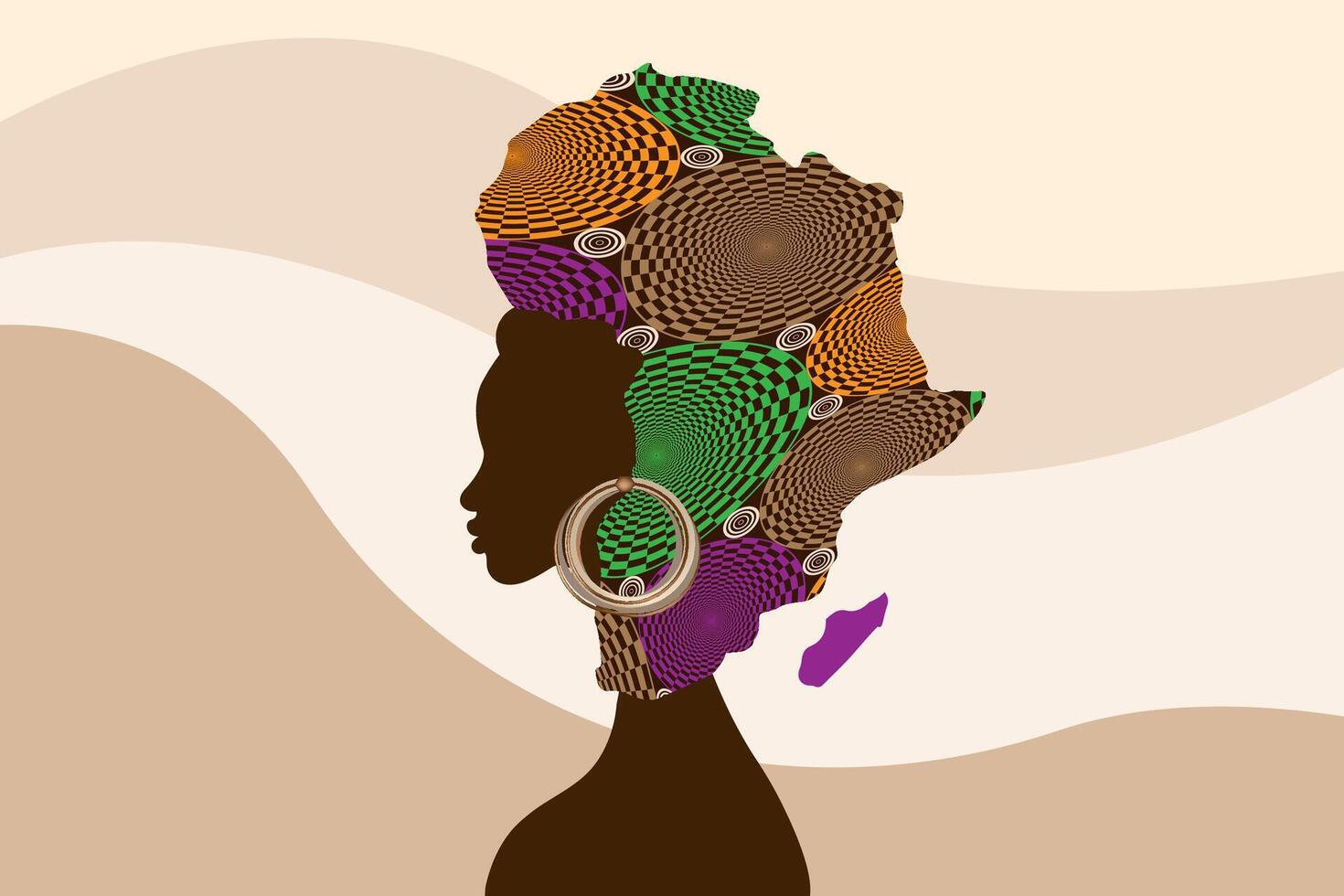 concept van Afrikaanse vrouw, gezicht profiel silhouet met etnisch kleding stof tulband in de vorm van een kaart van Afrika. schoonheid afro tribal logo ontwerp sjabloon vector illustratie geïsoleerd Aan golvend achtergrond
