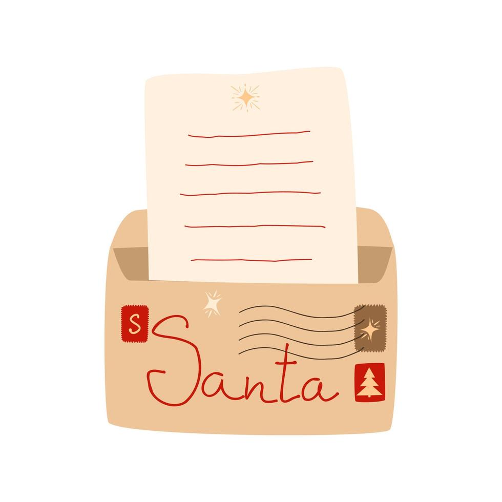 een open envelop met een brief aan de kerstman. ambachtelijke envelop met zegels en postzegels vector
