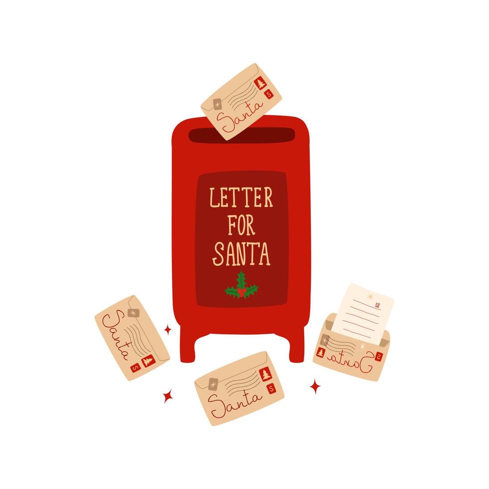 schattige rode brievenbus voor kerstmailings met brieven aan de kerstman. cartoon vectorillustratie. vector