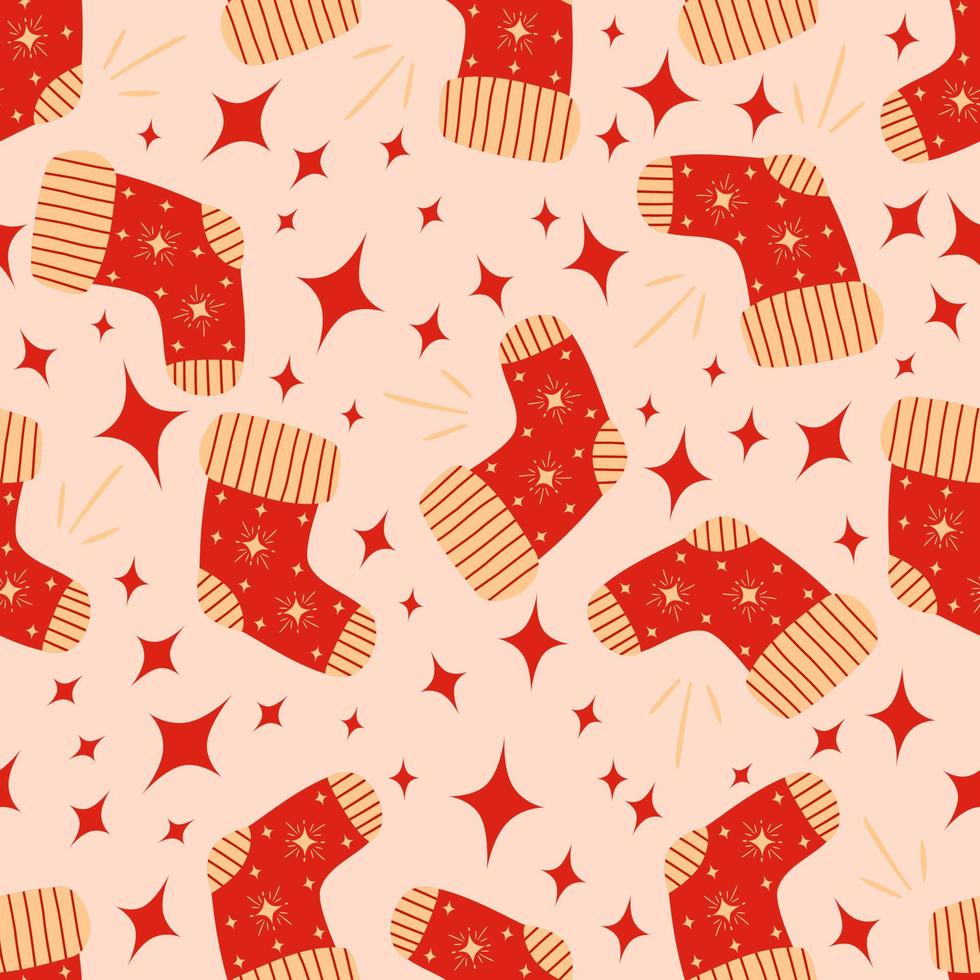 naadloze kerst achtergrond met kerst sokken en sterren. patroon vector