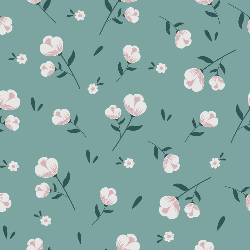 naadloze bloemenpatroon met bloemen en bladeren, vector natuur illustratie in vintage stijl op groene achtergrond.