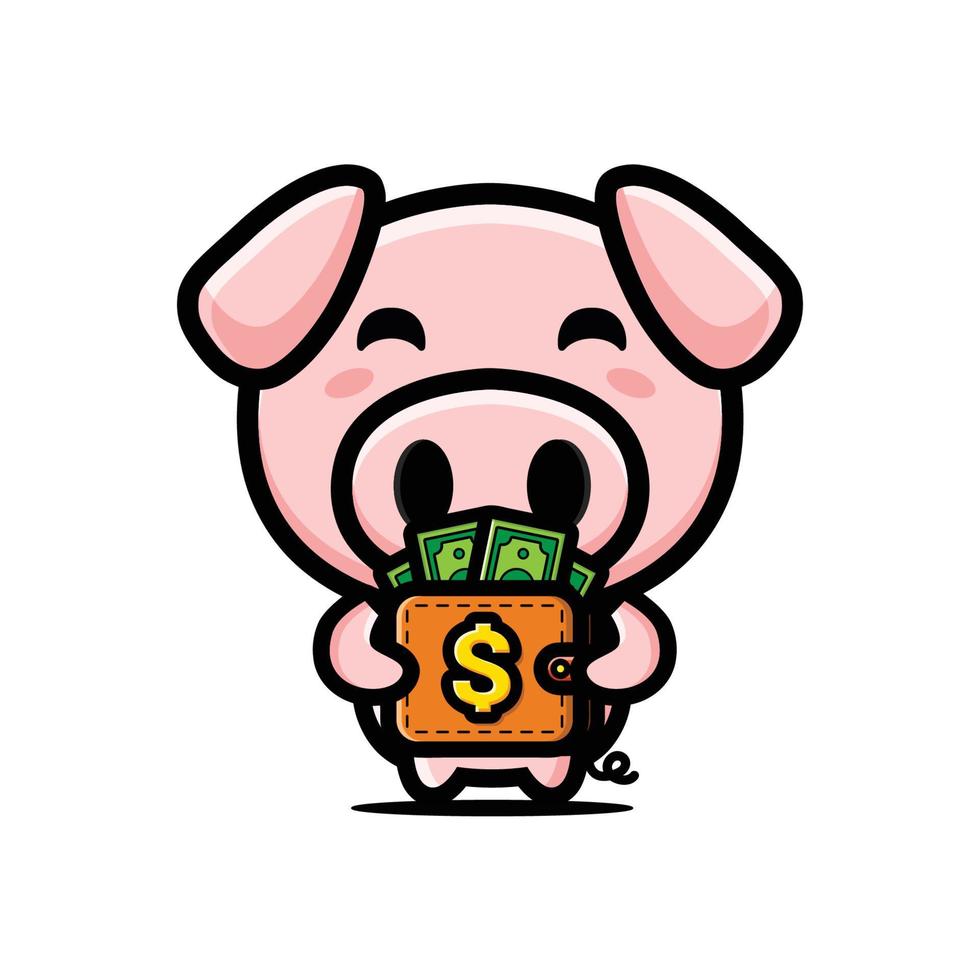 schattig varken knuffelen een portemonnee vol geld vector