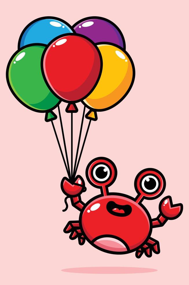 schattige krab die met kleurrijke ballonnen vliegt vector